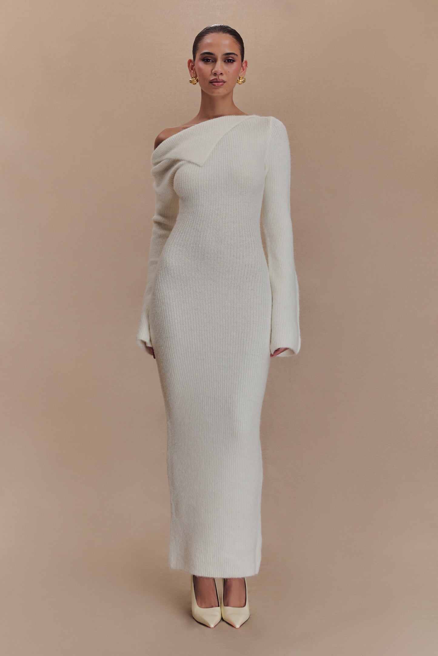 Magenta One Shoulder Fluffy Knit Midi Dress - Ivory