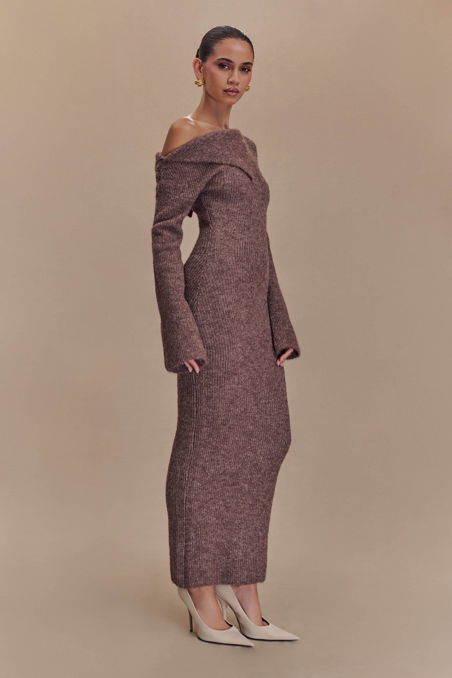 Magenta One Shoulder Fluffy Knit Midi Dress - Pecan