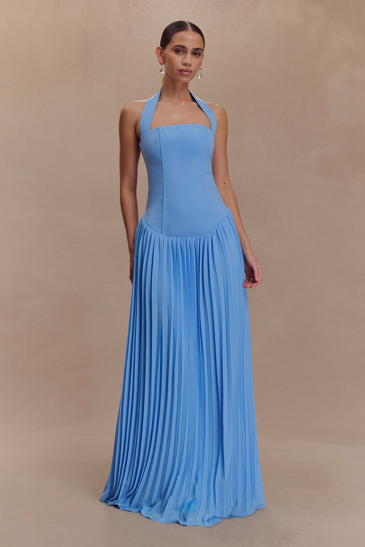 Stacie Pleated Halter Maxi Dress - Bright Blue