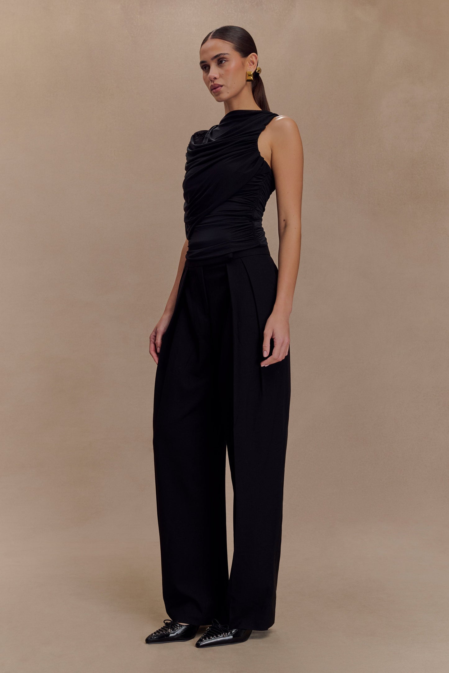 Pruedance Slinky Draped Top With Mesh Overlay - Black