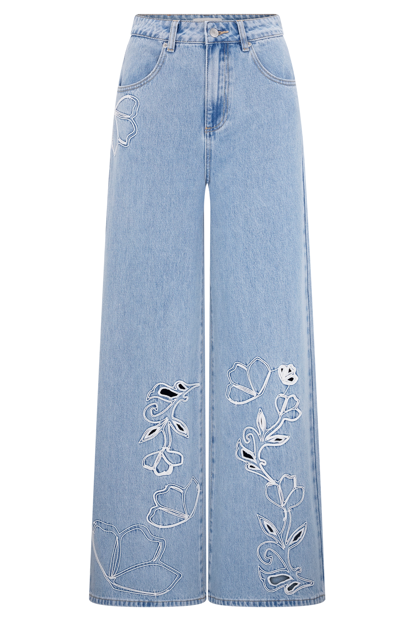 Carmella Embroided Straight Leg Jeans - Mid Blue
