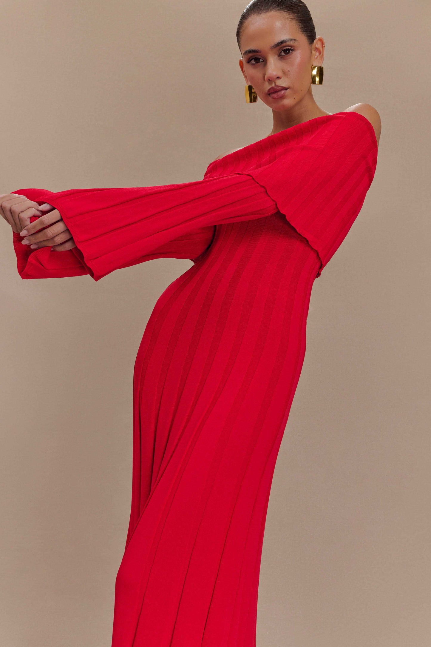 Alonza Long Sleeve Knit Midi Dress - Red