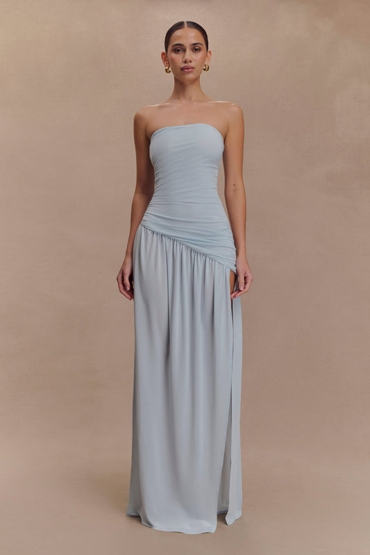 Bex Strapless Slinky Maxi Dress With Split - Pale Blue